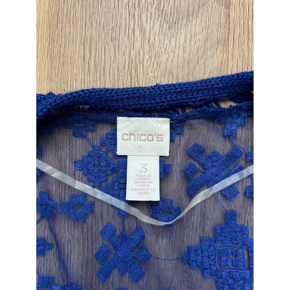 Chicos Royal Blue Lace Fringe Kimono Cardigan Boho 3 XL crotchet semi sheer - Picture 3 of 6